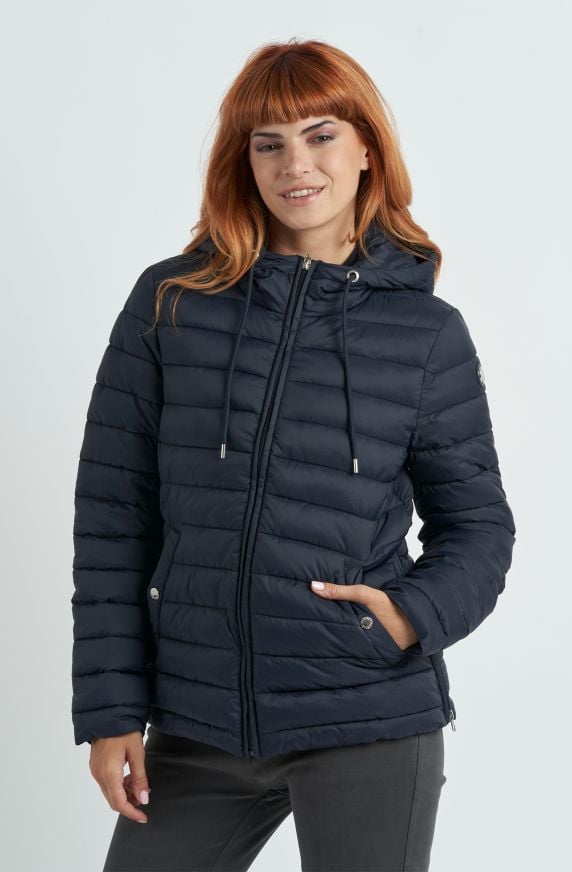 Giacca trapuntata da donna in nylon con cappuccio